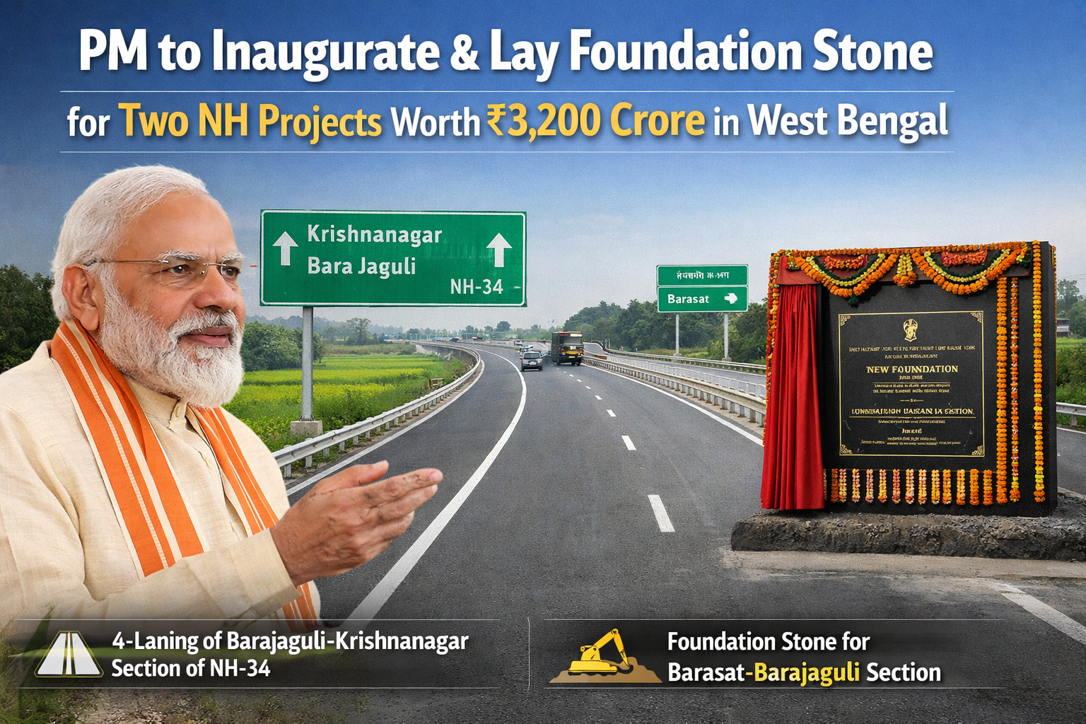 PM to Inaugurate, Lay Foundation Stone for Two NH Projects Worth ₹3,200 Crore in West Bengal