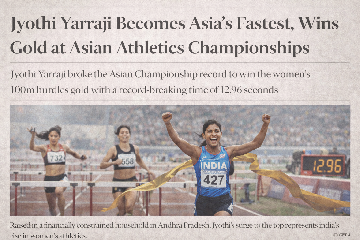Jyothi Yarraji Becomes Asia’s Fastest, Wins Gold with Record at Asian Athletics Championships
