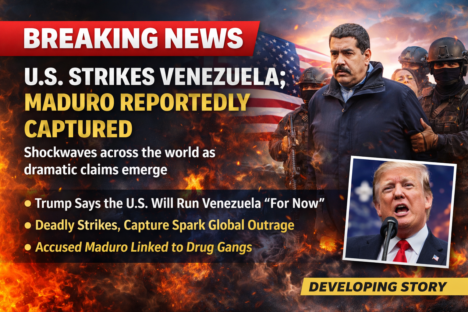 U.S. STRIKES VENEZUELA; MADURO REPORTEDLY CAPTURED