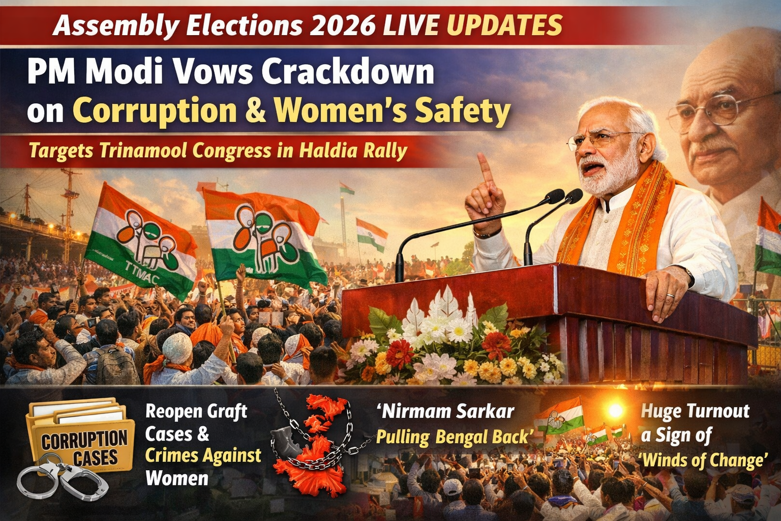 Assembly Elections 2026 LIVE Updates: PM Modi Vows Action on Corruption, Women’s Safety; Targets TMC in Haldia Rally, Prime Minister says massive turnout signals “winds of change” in West Bengal as political heat intensifies ahead of Assembly polls